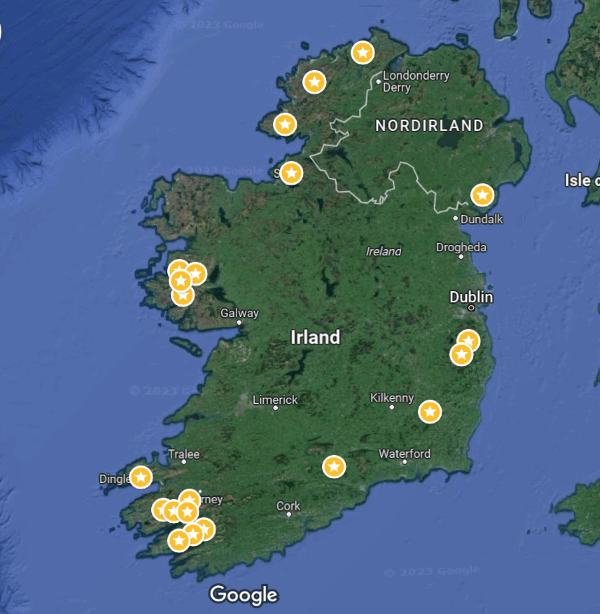 Karte für 22 Bergstrecken und Pässe in Irland