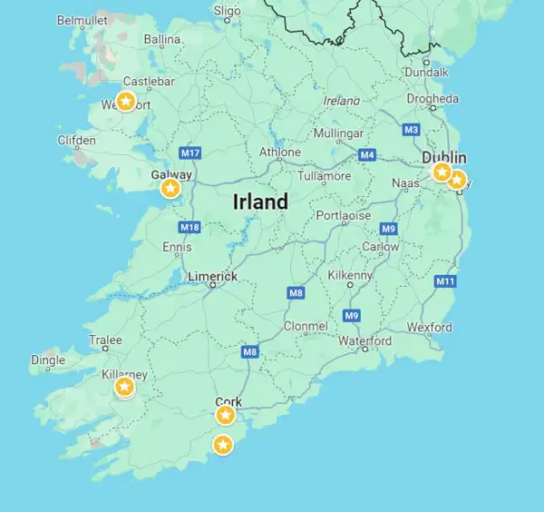 Karte mit Fahrrad-Mietstationen in Irland